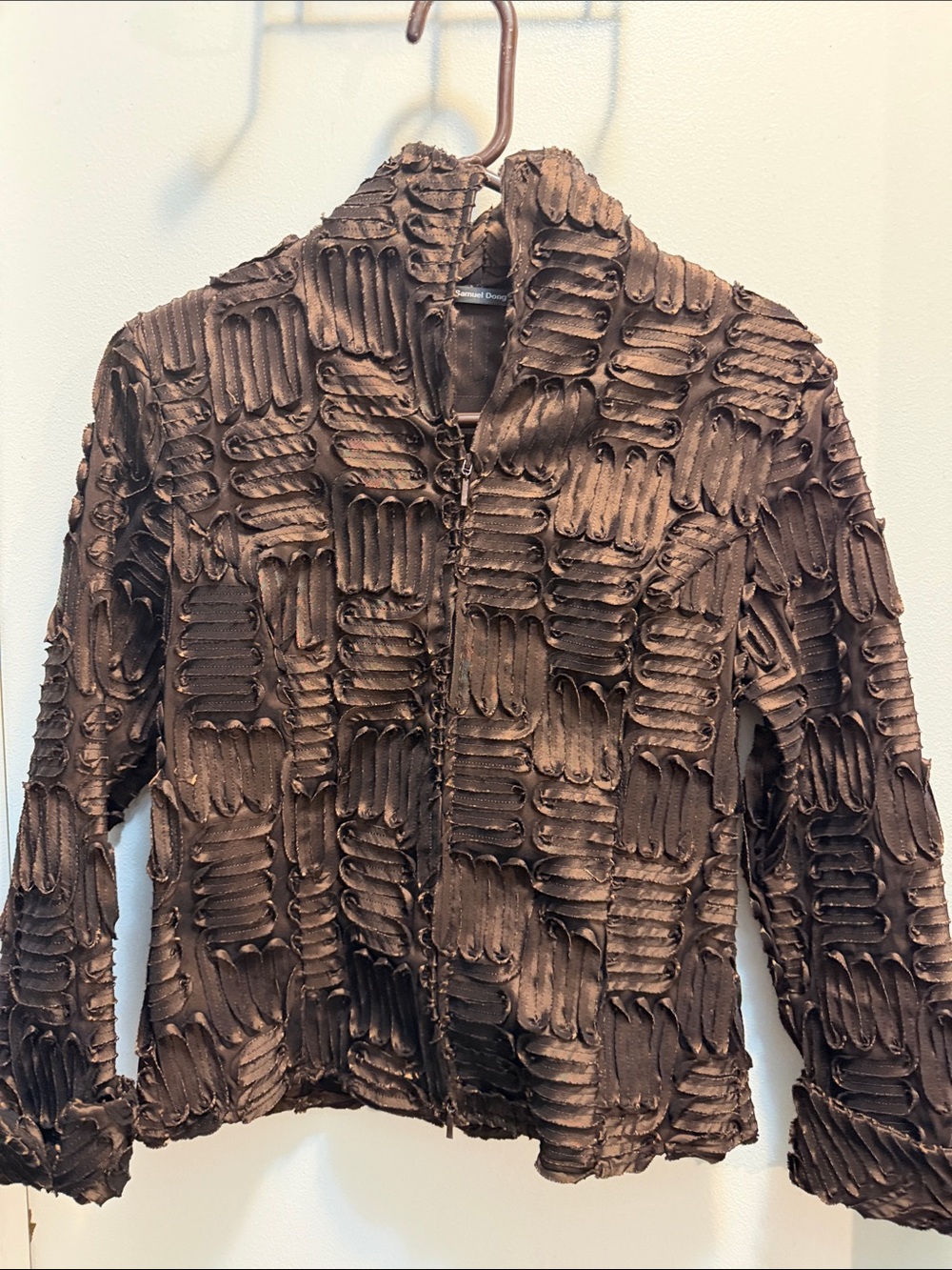 Samuel Dong Bronze Brown 3D Ribbon Textured Zip Blazer Jacket Womens Size Small